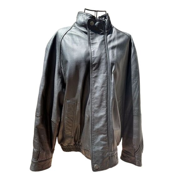 Tanner Avenue Men's Black Leather Bomber Jacket Size L Herringbone Pattern - Picture 1 of 7